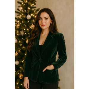 Old Navy Women Crushed Velvet Blazer Small Green Holiday Party Festive Christmas